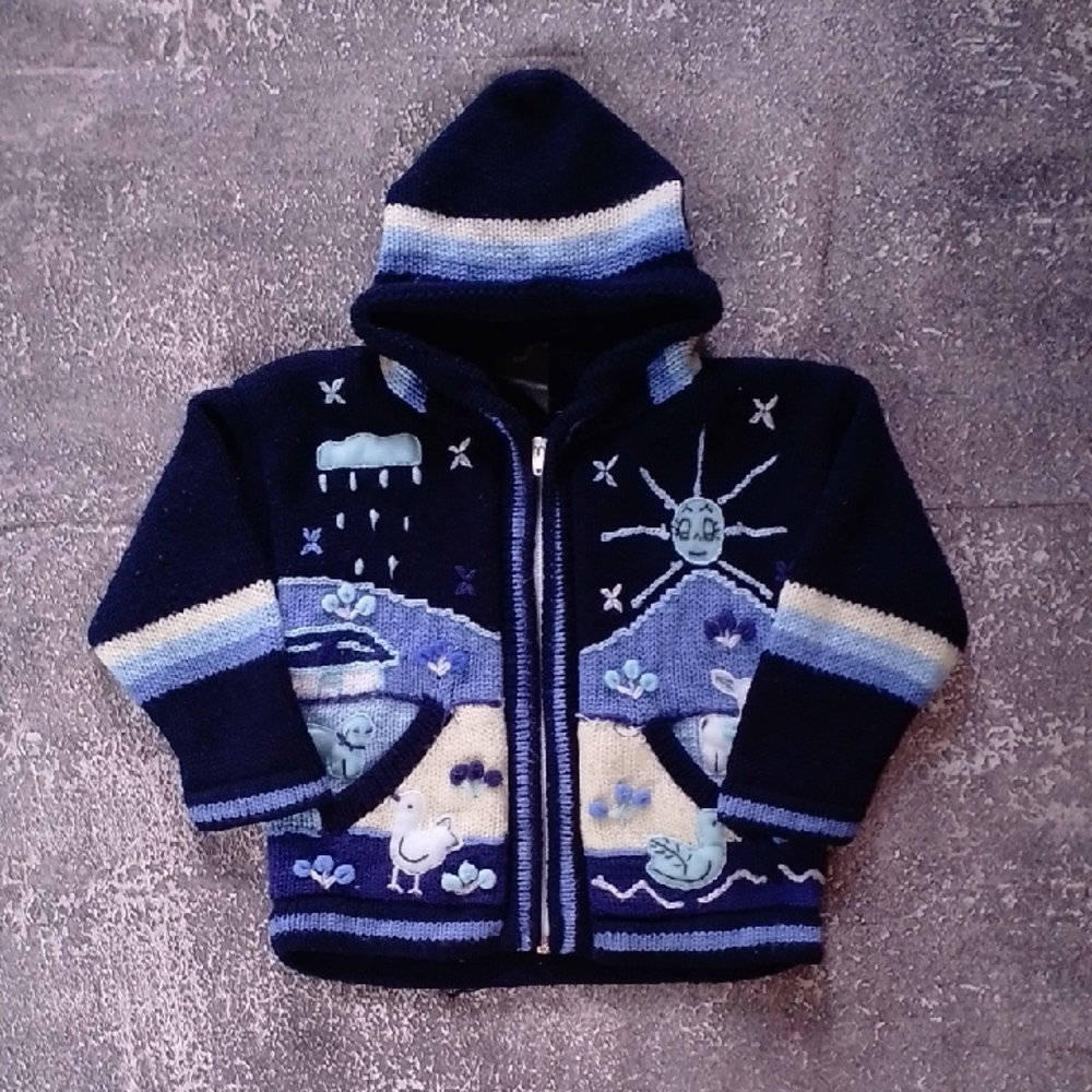 VINTAGE 90s ALPACA WOOL ASIRI'S TREASURES Hooded Sweater with Fun Patterns